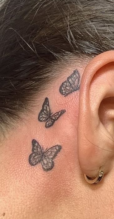 3 Small Butterflies Tattoo Behind Ear, 3 Butterfly Tattoo Behind Ear, Butterfly Ear Tattoo, Butterfly Tattoo Behind Ear, Candles Business, Maching Tattoos, Behind Ear Tattoos, Tattoo Behind Ear, Remembrance Tattoos