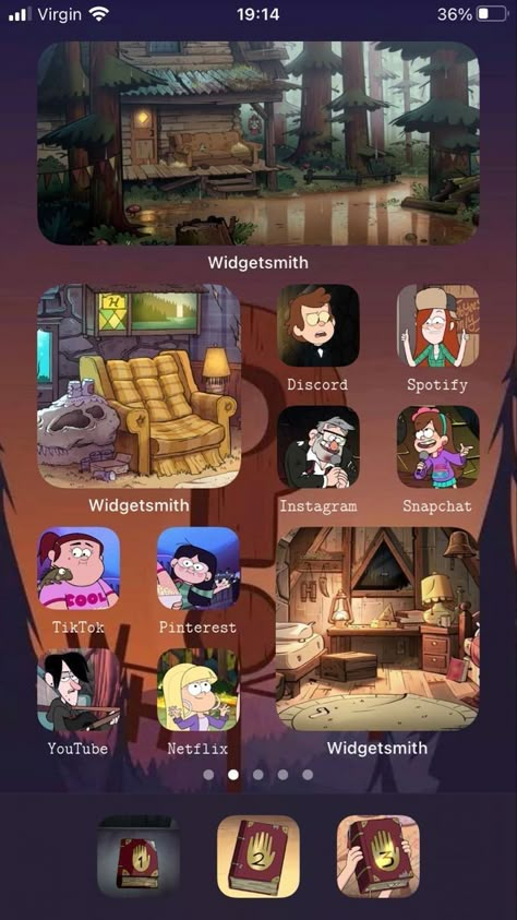 Gravity Falls Phone Theme, Gravity Falls App Icons, Phone Theme Ideas, Wallpaper Fall, Iphone Wallpaper Fall, Iphone Home Screen Layout, Iphone Ideas, Ios Homescreen, Ios Ideas