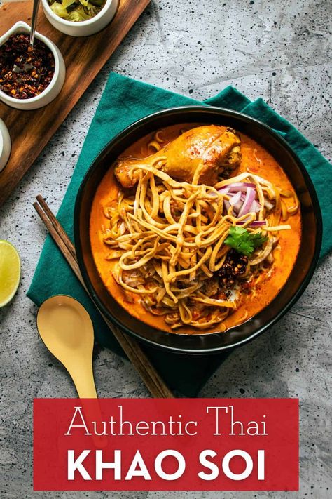 Khao soi is most popular northern Thai dish, and for good reason! This authentic recipe uses tender braised chicken in an aromatic curry sauce, with egg noodles and crispy noodles on top. Thai Curry Soup, Curry Noodle Soup, Chinese Dinner, Crispy Noodles, Authentic Thai Food, Khao Soi, Thai Kitchen, Curry Noodles, Vietnam Food