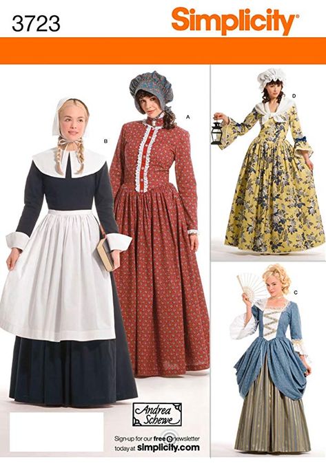 Simplicity Historical Dresses Sewing Pattern Costumes for Women by Andrea Schewe, Sizes 14-16-18-20-22 Pilgrim Dresses, Pioneer Costume, Pilgrim Costume, Pioneer Dress, Colonial Dress, Costume Sewing Patterns, Costume Patterns, Miss Dress, Cap Dress