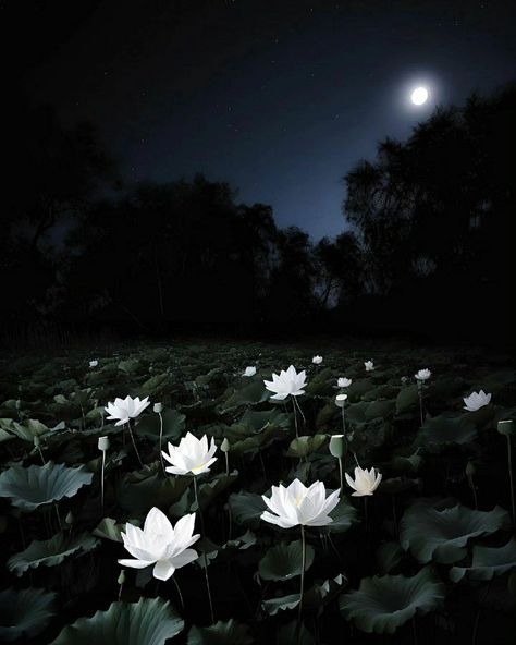 Lotus at night Lotus Flower Aesthetic, Queen Of The Night Flower, Dark Lotus, Moon Flowers, Lotus Art, Peace Illustration, Night Garden, Lotus Blossom, White Lotus