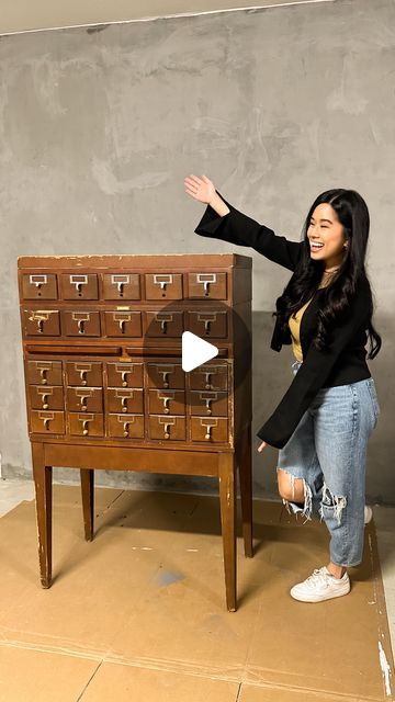 tina le mac 🌙 | DIY + home on Instagram: "This vintage library card catalog cabinet was the deal of a lifetime and I just could not pass it up! 👏🏼

I really wanted to keep some of the wear and tear on it so lightly restoring it was my best option—because there’s no way I was painting over this beautiful wood! But who knows, maybe in the future I will completely refinish it with a complete restoration. For now, all my craft and art supplies have a place to live and I have sooo much more storage in my office/studio! 💛" Card Catalog Repurposed, Library Card Catalog Cabinet, Vintage Library Card, Card Catalog Cabinet, Library Cabinet, Library Card Catalog, Card Catalog, Vintage Library, Place To Live