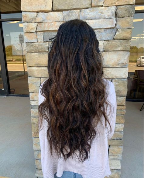 Long Dark hair highlights Beachy Dark Hair, Highlights Dark Brown Hair Wavy, Highlights For Dark Brown Hair Curly Long Layered, Dark Beachy Hair, Long Dark Wavy Hair Natural, Long Beach Waves Hair Brunettes, Beachy Dark Brown Hair, Dark Brown Beach Hair, Beach Waves Dark Hair