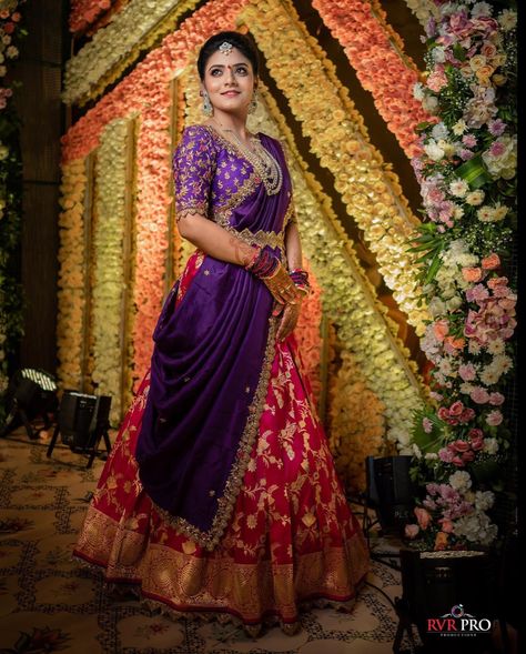 Purple Half Saree, Indian Wedding Reception Outfits, Floral Blouse Designs, Indian Fits, Top Lehenga, Saree Function, Dress Designs For Stitching, Half Saree Function, Blouse Works