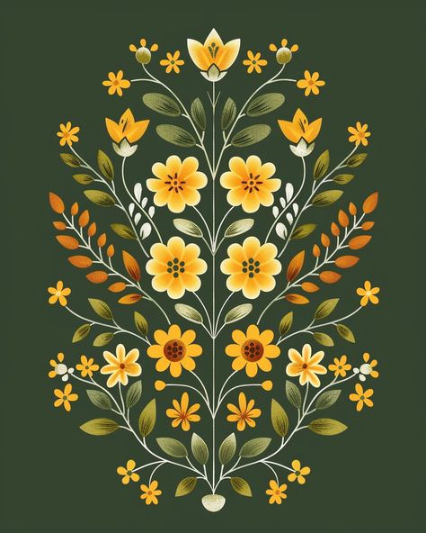 #SymmetricalOrnament #Green-yellow #MinimalFlowerLeaves #ScandinavianFolkArt #GreenBackground #4:5AspectRatio Symmetrical Flower Design, Polish Folk Art Flowers Painted Houses, Symmetrical Graphic Design, Scandinavian Folk Flowers, Scandinavian Folk Art Flowers, Scandinavian Folk Art Patterns, Symmetrical Art Design, Shelf Painting, Folk Art Illustration