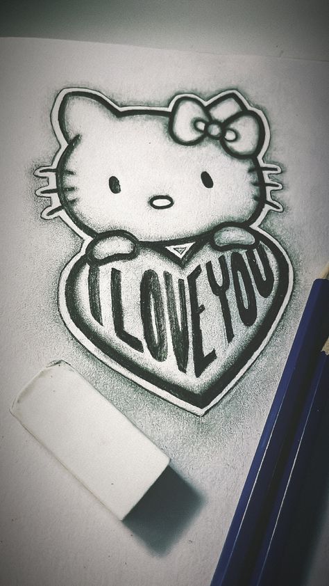 Hello Kitty Drawing Valentine, Hello Kitty Heart Drawing, Spider Man And Hello Kitty Drawing, Old School Letters Drawings, Oldies Love Drawings, Hello Kitty Chicano Art, I Love You Drawings For Girlfriend, Drawings Of Hello Kitty, Hello Kitty Couple Drawing