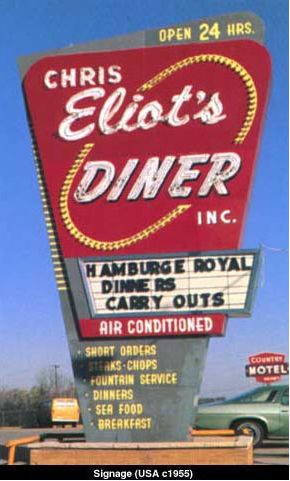 Eliots Diner Kitsch Graphic Design, Vintage Diner Aesthetic, American Kitsch, Brookfield Wisconsin, Food Signage, Kitsch Design, Graphic Design History, Diner Aesthetic, German Word