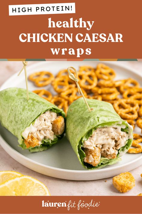 This healthy Chicken Caesar Wrap is just like a chicken caesar salad in wrap form!! It's packed with hearty chicken, crunchy croutons and LOADED with tons of taste-bud-popping caesar flavor! The perfect grab-and-go no-reheat lunch or quick lunch at home! Chicken Caesar Wrap Recipe, Chicken Wraps Healthy, Caesar Salad Wrap, Chicken Caesar Salad Wraps, Caesar Wrap, Lunch At Home, Wraps Recipes Healthy, Chicken Caesar Wrap, Low Calorie Chicken