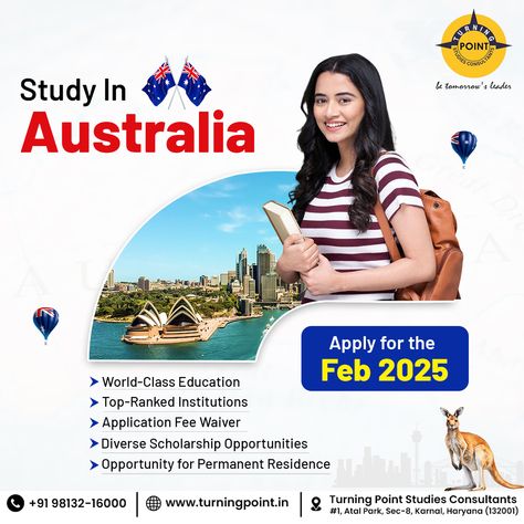 🌏 Study in Australia – Feb 2025 Intake! 🎓🇦🇺 Ready to take the next step in your education journey? 🌟 Australia offers world-class education, top-ranked institutions, and incredible opportunities for your future! ✅ Application Fee Waiver 🎓 Diverse Scholarship Opportunities 🌍 Permanent Residency Pathways 📅 Apply now for the February 2025 intake and turn your study abroad dreams into reality! 📞 Call us at +91 98132-16000 or visit www.turningpoint.in to learn more. #StudyInAustralia #Austral... Study Abroad Australia, Study In Australia, Permanent Residency, Permanent Residence, Overseas Education, Turning Point, Next Step, The Next Step, World Class