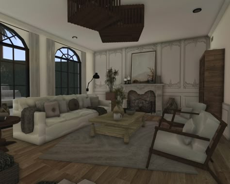 Bloxburg House Living Room Ideas, Mediterranean Family Room, Cottage Core Bloxburg House, Living Room Mediterranean, Parisian Living Room, Tunnel Under Ocean Blvd, Under Ocean, Mediterranean Living Room, French Living Rooms