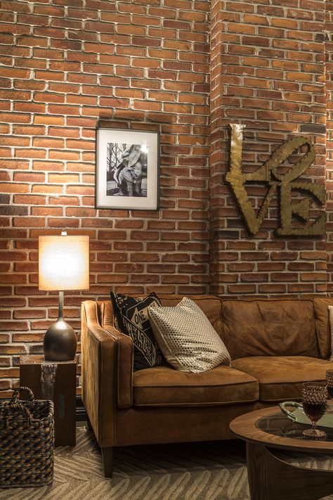 Living Room Designs With Brick Wall, Red Brick Living Room Wall, Red Brick Wall Living Room Ideas, Red Brick Living Room Decor, Brick Wall Interior Living Room Modern, Brick Wall In Living Room, Living Room Decor Red And Black, Red Brick Wall Living Room, Red Brick Living Room