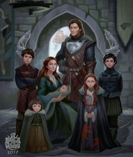 Ned + Cat + Jon + Robb + Sansa + Arya + Bran + Rickon Game Of Thrones Fan Art, Dessin Game Of Thrones, Stark Family, Eddard Stark, Catelyn Stark, Hiro Big Hero 6, Ned Stark, Game Of Thrones Artwork, Robb Stark