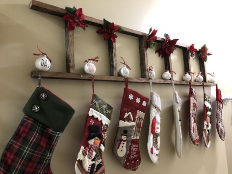 Christmas Stocking Wall Decor, Xmas Stocking Holders, Stockings Hung On Ladder, Stocking Ladder Christmas, Ladder Stocking Holder, Stocking Pole, Stocking Ladder, Stocking Holder Ideas, Christmas Stocking Stand