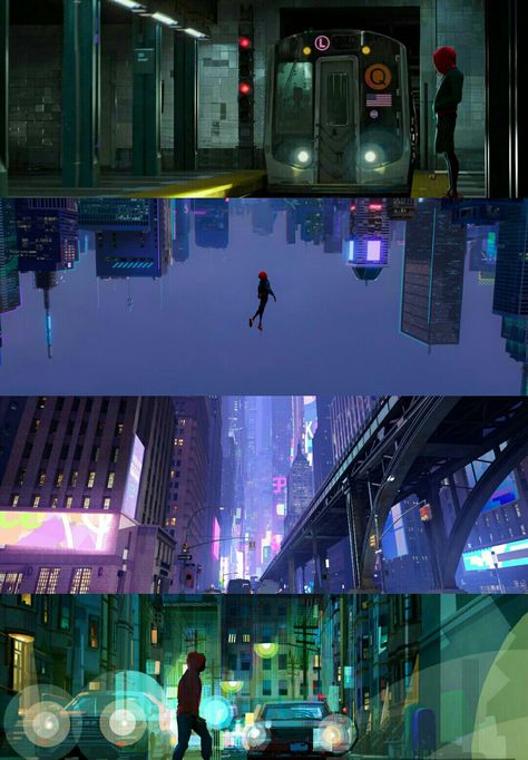 Spider-Man: Into the Spider-Verse (2018) Director: Bob Persichetti/Peter Ramsey/Rodney Rothman. Into The Spider Verse Cinematography, Across The Spider Verse Cinematography, Into The Spiderverse Cinematography, Architecture In Movies, Spider Verse Animation Style, Into The Spiderverse Screencaps, Movie Landscapes, Aesthetic Movie Scenes, Cinematic Drawing