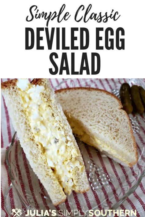 Make the perfect small batch of classic egg salad for 1-2 sandwiches. This delicious deviled egg salad recipe is delicious with the addition of dill pickle cubes. A great lunch any day of the week. #eggsalad #deviledeggsalad #classiceggsalad #southernfood #southernrecipes #lunchrecipes Deviled Egg Sandwich Recipes, Deviled Egg Salad Sandwich, Deviled Egg Sandwich, Deviled Egg Salad Recipe, Simple Egg Salad, Bacon Deviled Eggs Recipe, Spicy Chicken Sandwich, Sriracha Deviled Eggs, Devil Eggs