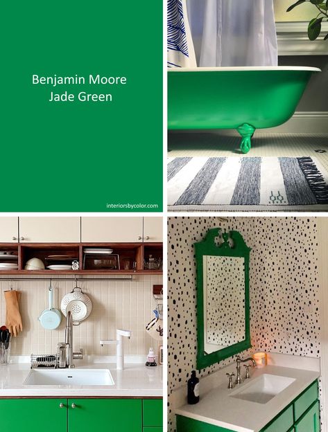 Benjamin Moore Jade Green - Interiors By Color Benjamin Moore Kelly Green, Jade Green Paint Colors, Kelly Green Bathroom, Jade Green Color Palette, Kelly Green Paint Color, Green Bathrooms, Vibrant Bathroom, Green Bathroom Interior, Cheetah Print Wallpaper