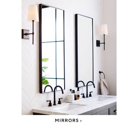 Narrow Vanity Mirror, Slim Mirrors On Wall, Tall Bathroom Mirrors Double Sinks, Tall Vanity Mirrors, Tall Bathroom Vanity Mirror, Tall Mirror In Bathroom, Black Rectangle Bathroom Mirror, Powder Bathroom Mirror Ideas, Primary Bathroom Mirror Ideas