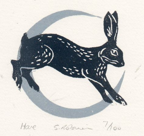 'Hare' by Sarah Robinson (2 colour linocut) #7/100  Well done! Hare Lino Print, Rabbit Lino Print, Jack Rabbit Illustration, Hare Tattoo, Sarah Robinson, Hare Print, Bunny Tattoos, Rabbit Tattoos, Lino Art