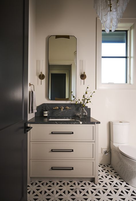 Best new build: A custom Chantilly chateau - Axios Charlotte Mcgee And Co Bathroom, Modern French Country Bathroom, Moody Bathrooms, Transitional Powder Room, Bathroom Minimalist, Design Interior Modern, Grey Vanity, Transitional Interiors, Athena Calderone