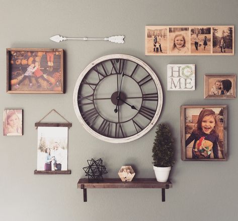 Wall Decor With Clock And Pictures, Gallery Wall Ideas With Clock, Large Collage Wall Living Room, Clock And Photo Wall Decor, Photo Wall Collage With Clock, Gallery Wall Ideas With Large Clock, Wall Clock Styling, Decorating Around A Clock On The Wall, Decor Around Clock On Wall