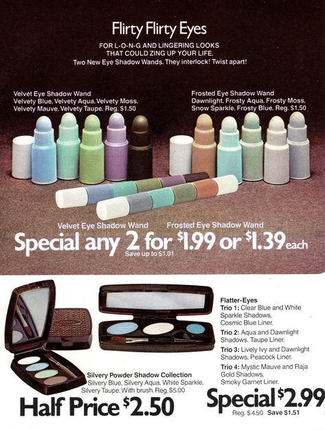 70s Makeup Products, Historical Makeup, Big Hair Bands, Vintage Makeup Ads, Twinings Tea, 70s Makeup, Makeup Ads, Blue Liner, Retro Makeup