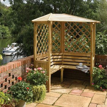 Corner Arbor, Arbour Ideas, Corner Arbour, Yard Fencing, Farm Diy, Wooden Arbor, Backyard Privacy, Corner Garden, Garden Arbor