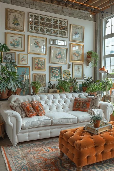 Large Wall Living Room Decor, How To Decorate My Home, Maximalist Decor White Walls, Large Gallery Wall Living Rooms, Picture Wall Ideas Living Room, Bohemian Modern Living Room, Large Paintings For Living Room, Vintage Gallery Wall Ideas, Large Blank Wall Ideas Living Rooms