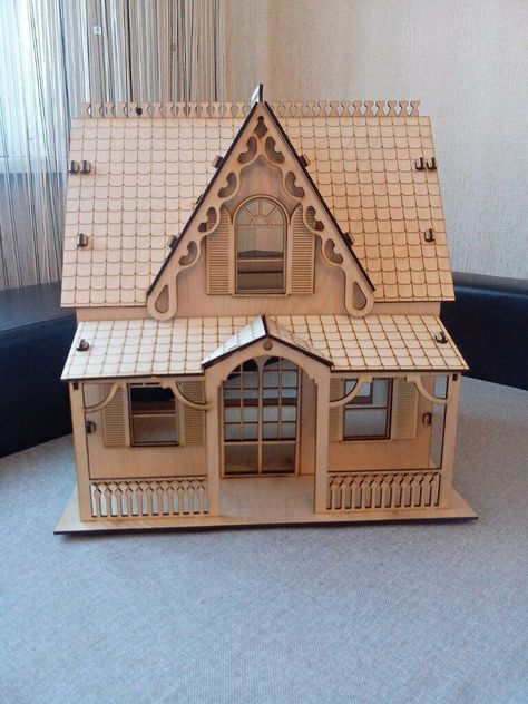 Laser Cut Plywood Model House Free Vector cdr Download - 3axis.co Baby Doll House, Baby Doll Furniture, Laser Cut Decor, Mirror Pattern, Laser Cut Plywood, House Template, Laser Cut Wood Crafts, Wooden Cottage, Model House