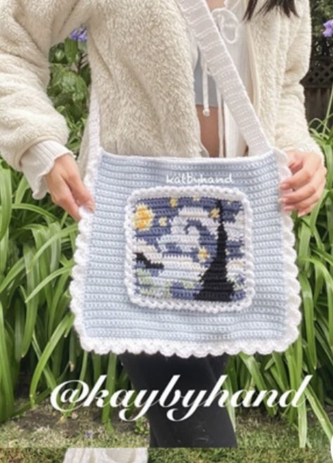 Ghibli Crochet Tapestry, Star Messager Bag Crochet, Totoro Pouch Crochet, Van Gogh Crochet Bag, Fairycore Crochet Bag, Crochet Bag, Van, Arts And Crafts, Crochet