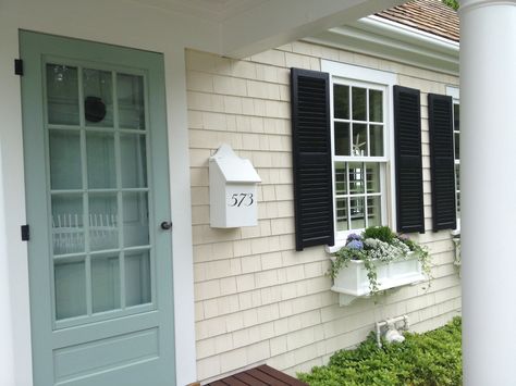 Painted house in Benjamin Moore Arborcoat Semi Solid stain in Maritime  White. Came out with a little more color than ideally wanted...would  suggest… | Pinteres… Palladian Blue Benjamin Moore Front Door, Shutter And Front Door Color Combos, Tan House Black Shutters, Wythe Blue, Exterior Door Colors, Tan House, Palladian Blue, Solid Stain, Painted House