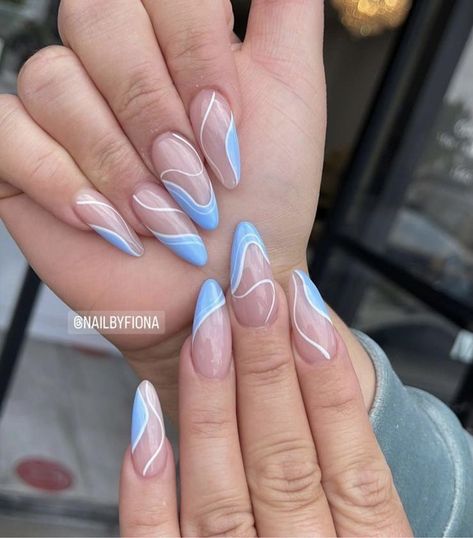 Light Blue Nail With Design, Light Blue Almond Acrylic Nails With Design, Fancy Light Blue Nails, White And Blue Nails Almond Shape, Light Blue Nail Ideas Acrylic Almond, Nails For Prom Light Blue, Cute Light Blue Nails Almond, Trendy Light Blue Nails, Nails Acrylic Light Blue And White