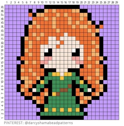 Merida Perler Beads, Pixel Art Pattern Princess, Pixel Art Pattern Disney Princesses, Disney Princess Pixel Art Grid, Pixel Drawing Disney, Pixel Disney Art, Disney Princess Perler Beads, Pixel Art Pattern Disney, Tangled Pixel Art