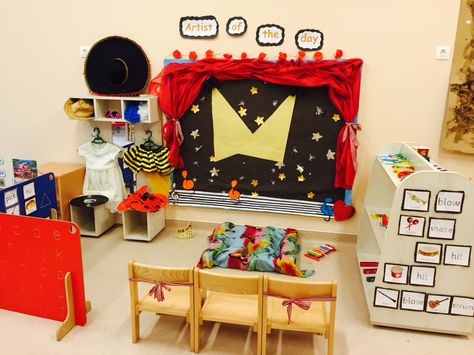 Stage. Artist of the day. Musical instruments role play area Drama Area Preschool, Music Dramatic Play, Music Dramatic Play Preschool, Nursery Classroom Layout, Music Area Eyfs, Theater Dramatic Play, Role Play Ideas, All About Me Crafts, Drama Stage