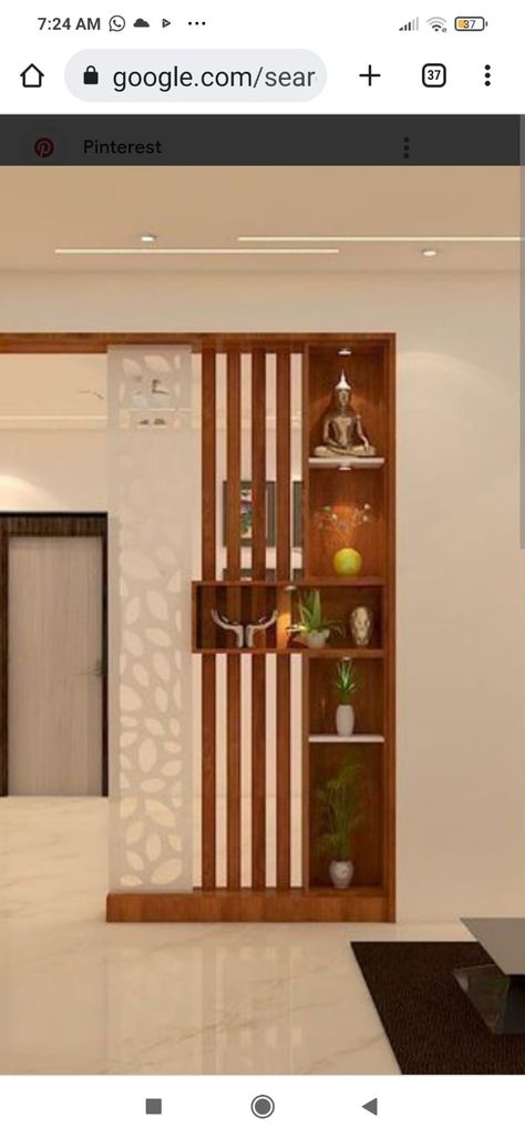 Living Area Partition Design, Pooja Unit In Partition Wall, Wall Mounted Pooja Unit With Door, Devghar Partition Design, Pooja Room Partition In Hall, Hall Dining Partition Tv Unit, Small Kitchen Modular Design, Wall Showcase Design, Hall Partition