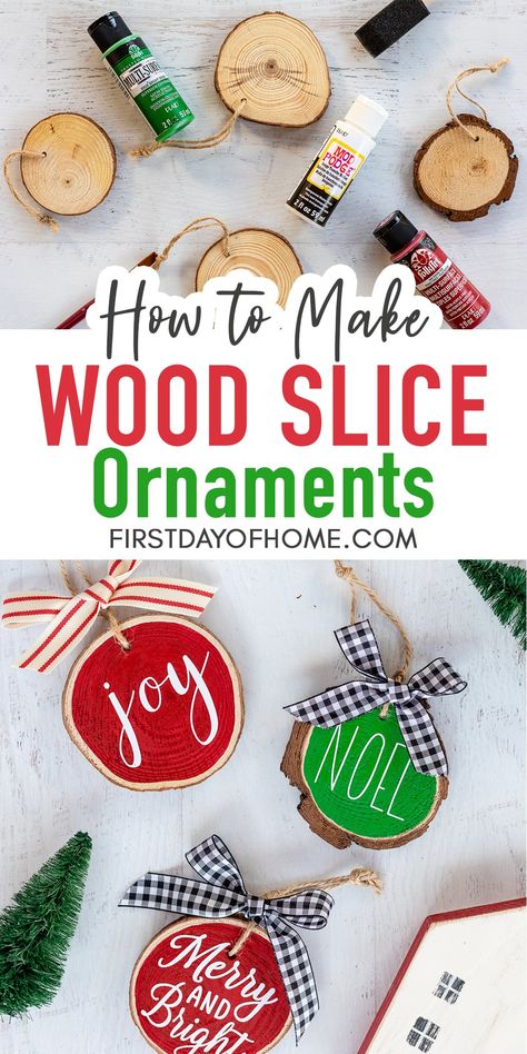 Learn how to make wood slice ornaments two different ways: photo transfer to wood and vinyl lettering with Cricut or Cameo. These are perfect for Christmas teacher gifts, preschool Christmas crafts, stocking stuffers or newlywed Christmas ornaments. #woodslicecrafts #diychristmasornaments #christmascrafts #christmasornaments #firstdayofhome Rustic Farmhouse Christmas, Wood Slice Ornaments, Ornaments Ideas, Cricut Christmas Ideas, Christmas Crafts To Sell, Handmade Christmas Crafts, Photo Transfer, Christmas Wood Crafts, Wood Slice Ornament