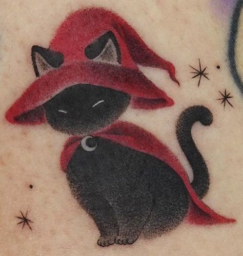 Witchy Cat Tattoo, Salem Tattoo, Salem Cat, Really Bad Tattoos, Ma Tattoo, Witchy Cat, Tattoo Red, Discord Profile, Cat Tattoo Designs