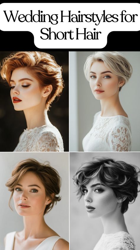 Brides with short hair styled in an elegant updo for a wedding. Wedding Hairstyles For Short Hair Veil, Wedding Hair For Very Short Hair, Pixie Hair Wedding, Wedding Hair Short Length, Short Hair Down Styles, Pixie Cut Wedding Hair, Classic Short Hair, Chic Bob Hairstyles, Pixie Wedding Hair