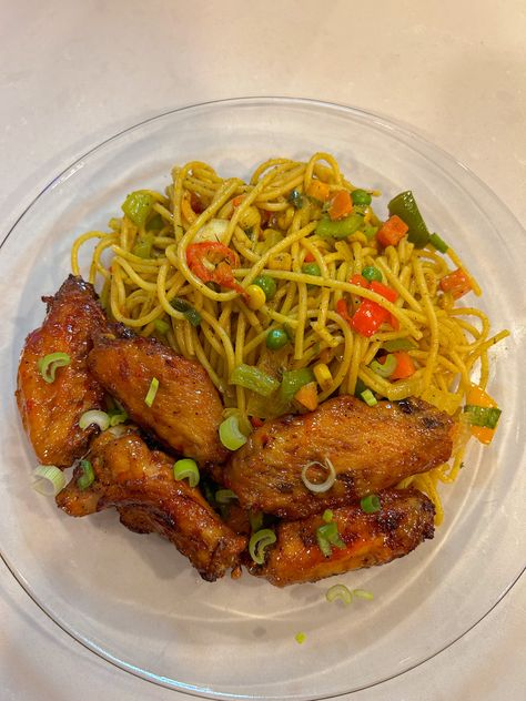 Stir fried spaghetti with veggies and a side of glazed wings Fried Spaghetti, Wings Recipes, Pasta Spaghetti, More Recipes, Fried Rice, Stir Fry, Follow For More, Pasta Recipes, Tell Me