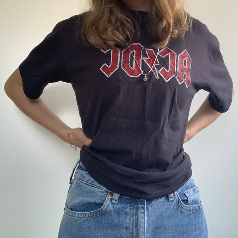 [AC/DC shirt]; [H&M baggy blue jeans]; Aesthetic baggy style✨ Acdc Tshirt Outfit, Blue Jeans Aesthetic, Acdc Shirt Aesthetic, Baggy Blue Jeans, Acdc Tshirt, Ac Dc Shirt, Jeans Aesthetic, Baggy Shirts, Acdc Shirt