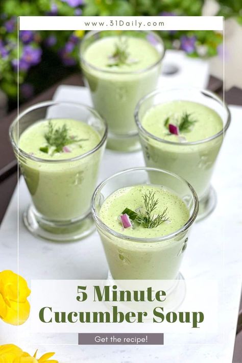 This Cucumber Soup is a delicious and bright creamy soup, perfect for a hot summer day. It's packed with healthy ingredients pureed in a blender in 5 minutes or less, plus chilling time. Cold Cucumber Soup, Too Hot To Cook, Cold Soup Recipes, Cucumber Soup, 31 Daily, Cucumber Benefits, Chilled Soup, Summer Soup, It's Too Hot