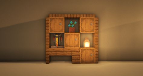 Shelf Design Minecraft, Minecraft Cupboard, Small Storage Minecraft, Cabinet Minecraft, Minecraft Lamp Ideas Inside, Compact Minecraft Interior, Minecraft Rooms, Minecraft Steampunk, Minecraft Interior