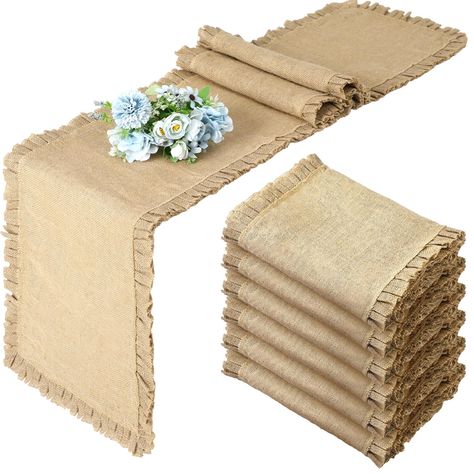 PRICES MAY VARY. Sturdy and Natural Material: featuring fine quality, natural burlap material, made with tightly, seamlessly woven yarn, burlap runner for table exudes a rustic charm and rustic appeal; The reliable fabric ensures longevity and versatile usage, wear and tear resistant, making them suitable for various interior decor styles and events Vintage and Ruffle Design: designed with vintage appeal ruffle edges of about 1.97 inch/ 5 cm wide, strong stitching and delicate edges, artistic bu Table Runner For Dark Wood Table, Burlap Runners On Tables, Jute Table Runner, Ruffled Tablecloth, Burlap Runner, Farmhouse Tablecloths, Pretty Table Settings, Red Wedding Decorations, Dark Wood Table