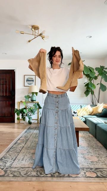 Samantha Martin on Instagram: "This denim skirt is my newest closet addition and it’s perfect for fall ✨🤍 outfit details 🤍✨ SKIRT @threebirdnest // Country Mart Tiered Maxi Skirt  CARDIGAN @threebirdnest Checkmate Cardigan  ✨ use code SAMANTHAAMARTIN for 20% off sitewide * commissionable code * ✨ ✨ ✨ #fashionstyle #outfitdiaries #fashioncontent #wear3bn #denimskirt #bohostyle #maxiskirt #bohofashion #fallfashion" Gingham Skirt Outfit Winter, Jeans Into Long Skirt, Long Jean Skirt Outfits Fall, Skirt Tshirt Outfit, Tiered Maxi Skirt Outfit, Jean Skirt Outfits Fall, Maxi Denim Skirt Outfit, Boho Skirt Outfit, Floral Maxi Skirt Outfit