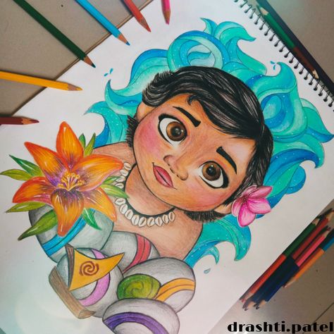 Moana Aesthetic Drawing, Easy Pencil Colour Drawings Aesthetic, Moana Canvas Painting, Easy Drawings Colored Pencils, Moana Drawing Ideas, Baby Moana Drawing, Moana Drawings Easy, Color Pencil Sketches Sketchbooks, Easy Pencil Colour Drawings