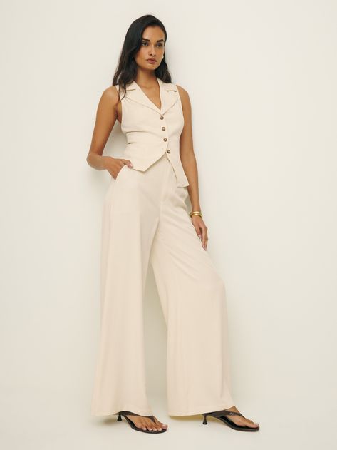 Package deal Shop the Taryn Two Piece from Reformation, a two piece set with a sleeveless vest top with center front buttons and a wide leg pant. Vest Matching Set, White Two Piece Set, Sequin Sheath Dress, Summer Neutrals, Wrap Front Dress, Midi Pencil Dress, Ceremony Dresses, Jumpsuit Chic, Long Crop Top