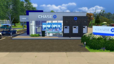 Functional Chase Bank | Gawdly Games on Patreon Sims 4 Functional Builds, Realistic Sims, Ts4 Builds, Sims 4 Restaurant, Black Simmer, The Sims 4 Lots, Sims 4 House Building, Chase Bank, The Sims 4 Packs