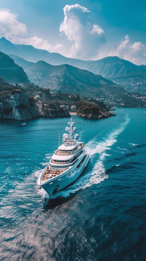 This captivating image showcases the grandeur of a white luxury yacht as it navigates through the calm blue waters near a coastal region. The yacht leaves a frothy trail in its wake, emphasizing its swift movement. In the background, the rugged landscape of coastal mountains stretches under a clear blue sky, adding a sense of adventure and natural beauty. The scene is bathed in the warm glow of sunlight, highlighting the exclusivity of the yacht against the tranquil surroundings. Coastal Mountains, Rugged Landscape, Luxury Yacht, Clear Blue Sky, The Calm, Sailing Yacht, Luxury Yachts, Beautiful Sky, Atlantis