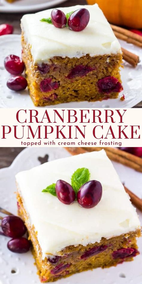 Moist and flavorful pumpkin cake dotted with cranberries and topped with cream cheese frosting! This cake is perfect for the holidays and you'll love the pumpkin spice flavor. #cranberry #pumpkin #cake #thanksgiving #holidays #dessert #recipe from Just So Tasty https://www.justsotasty.com/cranberry-pumpkin-cake-with-cream-cheese-frosting/ Cranberry Spice Cake, Cranberry Recipes Dessert, Pumpkin Cake With Cream Cheese, Cranberry Pumpkin, Cranberry Dessert, Cranberry Cake, Cranberry Cream Cheese, Pumpkin Cranberry, Pumpkin Spice Cake