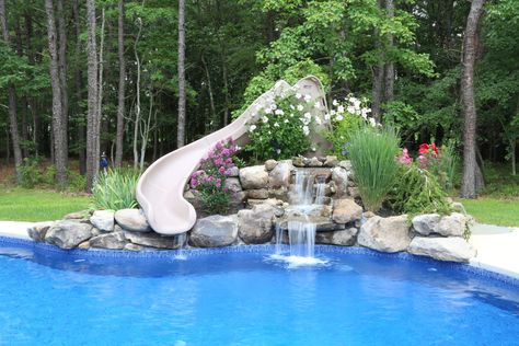 Kid Backyard, Pool Goals, Pool Waterfalls, Sand Pool, Swimming Pool Slides, Waterfall Landscaping, Landscaping Around Pool, Sun Shelf, Pool Water Slide