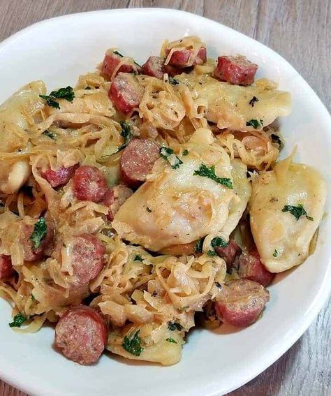 Farmer Sausage Skillet with Perogies Sausage Pierogies, Sausage Dinner Ideas, Farmer Sausage, Pierogi Casserole, Sausage Sauerkraut, Perogies Recipe, Sausage Skillet, Pierogi Recipe, Sausage Dinner